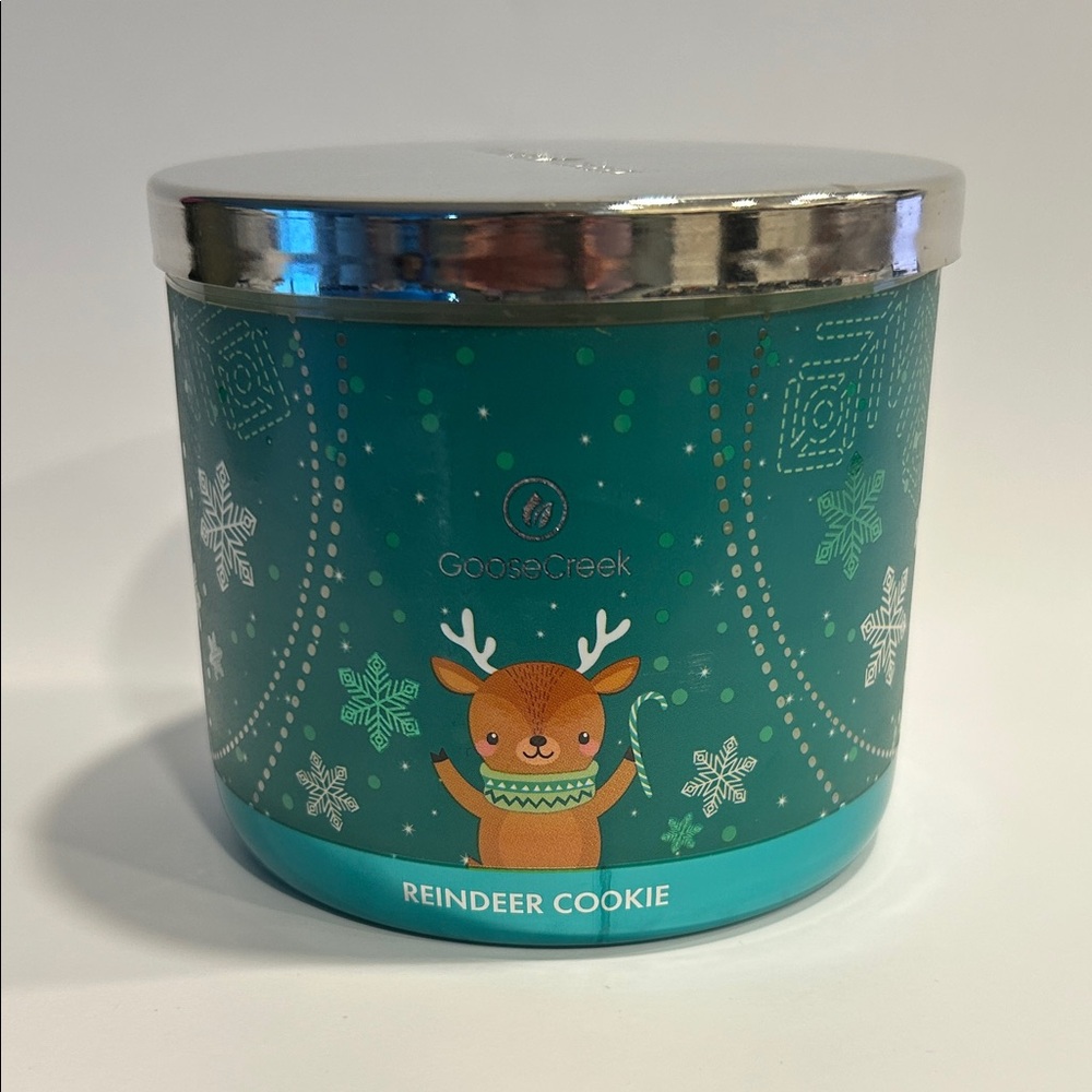 Goose Creek Reindeer Cookie Candle - Green and Silver-Brand New!! 3 wicks!